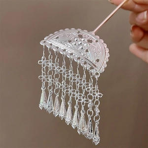 Elegant silver tassel hair stick with hollow fan design for traditional Chinese hairstyles