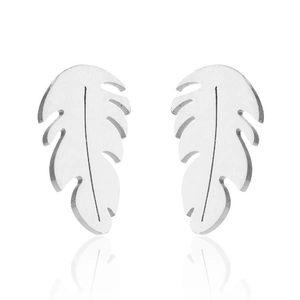 Polished silver leaf-shaped stud earrings in 18K gold set on a clean white background