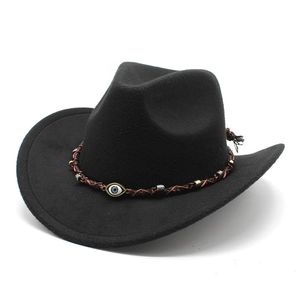 Classic black wool western cowboy hat with woven band and evil eye pendant charm