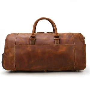 Vintage brown crazy horse leather travel duffel bag with handles and large capacity
