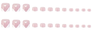Detail of pink and white press-on toenails featuring heart patterns and gradient colors