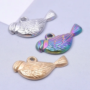 Three bird shaped stainless steel pendants in silver, gold and rainbow plating for DIY jewelry