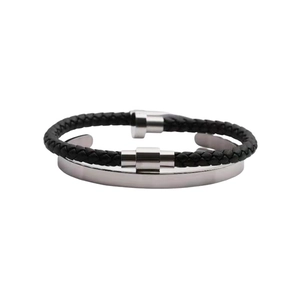 Men's double-layer bracelet featuring black braided leather and silver stainless steel band