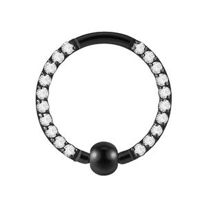 Black stainless steel BCR captive bead ring with sparkling white cubic zirconia gems