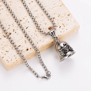 Vintage stainless steel motorcycle guardian bell pendant on a silver box chain necklace