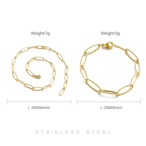 Detailed dimensions of sparkling gold stainless steel necklace and bracelet set