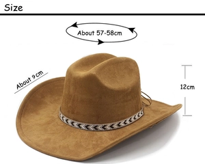 Brown faux suede fedora detail with crystal hatband and precise size measurements