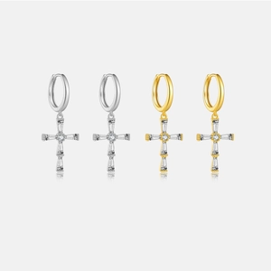 925 Sterling Silver Cross Drop Hoop Earrings Fashionable Rhinestone Inlaid Geometric Dangle Earrings For Women Jewelry Gift