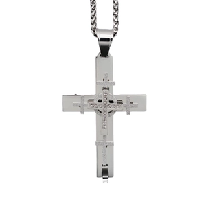Three-piece stainless steel hip hop necklace set with layered frosted cross pendants