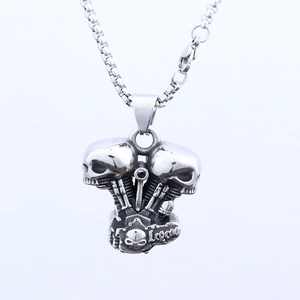Punk style motor engine pendant with double skulls on silver stainless steel box chain