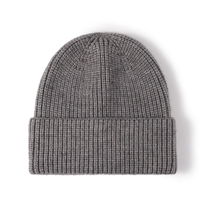 Classic grey knit beanie with warm ribbed texture and wide folded cuff for outdoor winter use