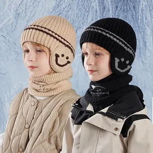 Kids Winter Knitted Beanie Hat And Neck Warmer Fleece Lined Ear Protection Smiley Face Pattern Warm Outdoor Accessory