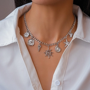 Silver marine choker necklace with sea turtle, starfish and sun pendants on thick chain