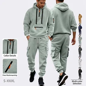 Men Casual Solid Color Hooded Sweatshirt And Cargo Sweatpants Set Long Sleeve Pullover Top And Bottom Sporty Tracksuit