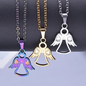 18K gold-plated stainless steel angel pendant necklaces in gold, silver and aurora finishes
