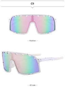 Front and 45-degree side views of white cycling sunglasses with colorful gradient lenses