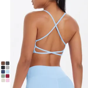 Brassière de Sport en Nylon Spandex pour Femmes Dos Croisé Soutien Élevé Yoga Rembourré Sans Armatures Débardeur de Fitness Course