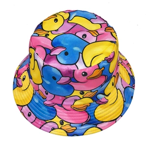 Reversible bucket hat featuring colorful cartoon duck print on a white background