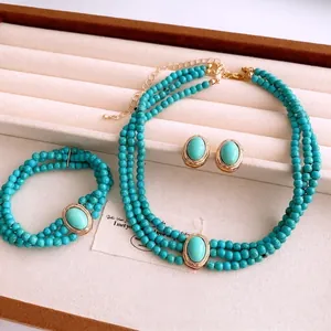 Parure collier multicouche vintage dorée avec perles turquoise et boucles d'oreilles