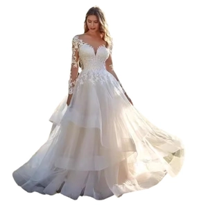 Robe de mariée élégante en dentelle à manches longues, col en V et jupe en tulle ivoire