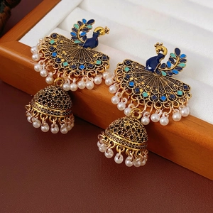 Vintage Ethnic Peacock Jhumka Tassel Alloy Earrings With Enamel Faux Artificial Pearl And Silver Earring Post For Women