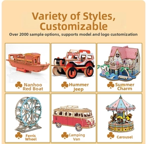 Close-up of 3D wooden aircraft and car puzzles with colorful printed wood textures