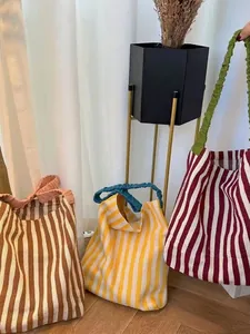 Women Striped Canvas Tote Bag Large Capacity Casual Shoulder Bag With Contrast Scrunchie Handle Boho Style