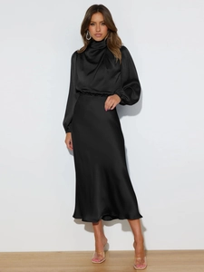 Elegant black satin halter dress with pleated high neck and smooth draped finish