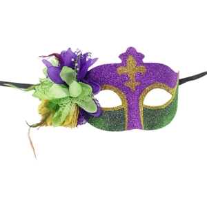 Mardi Gras masquerade mask featuring purple and green feathers with gold glitter detail