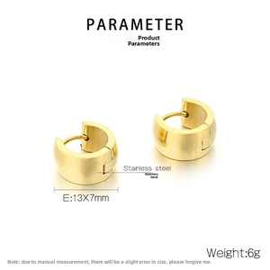 Macro view of 13x7mm golden stainless steel huggie hoop earrings with dimensions detail