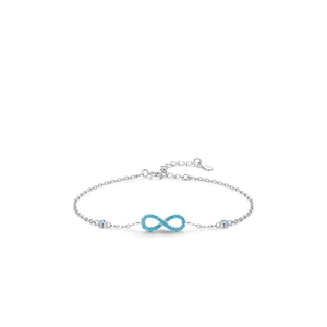 S925 sterling silver infinity bracelet with blue turquoise stones on white background