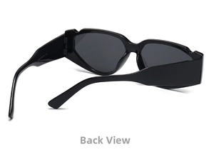 Macro view of oversized cat-eye sunglasses featuring geometric wide temples and model 5242