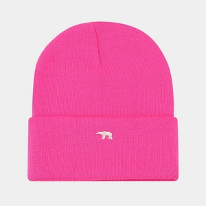 Close-up of pink ribbed knit beanie featuring detailed white polar bear embroidery
