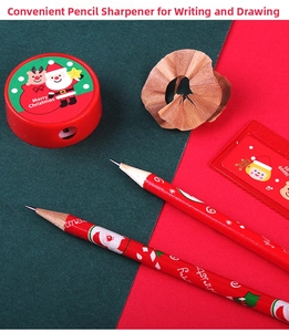 Detailed view of Christmas stationery set with red sharpener and festive pencils