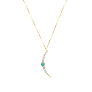 Detail of S925 silver necklace with crescent pendant, turquoise stone and white zircons