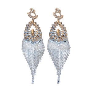 Elegant gold drop earrings with crystal flower cutouts and long sparkling silver tassels