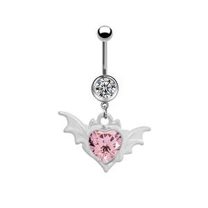 Close-up of belly button ring with white bat wings and a pink heart crystal