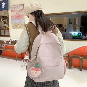 Nylon School Backpack Waterproof Large Capacity Simple Trendy Solid Color For Girls Teens Students With Plush Pendant