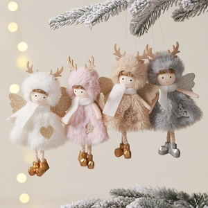 Ornements Suspendus Ange Renne En Peluche De Noël Avec Ailes À Paillettes Fausse Fourrure Poupées Décoration Sapin