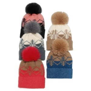 Winter knit beanies with snowflake patterns and large faux fur pom poms in five colors
