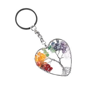Handmade heart-shaped Tree of Life keychain with natural colorful crystal stones and silver wire