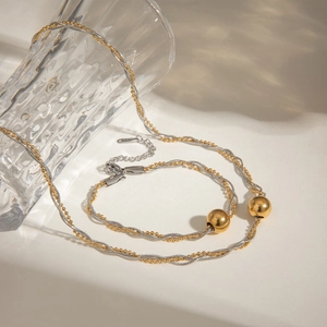 Minimalist 18k gold plated beaded chain and silver snake chain necklace with spherical pendants