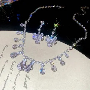Elegant zircon waterdrop tassel necklace and earring jewelry set with sparkling stones