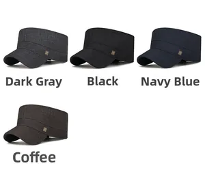 Detail of classic men's flat top military hats in four colors with square metal logo