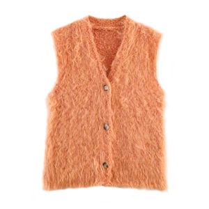 Orange long-hair plush knit vest featuring a V-neck and single-breasted button design