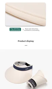 Detail view of fine stitching on a foldable beige and blue sun visor for women