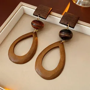 Vintage Wooden Teardrop Dangle Earrings With Silver Earring Post Hollow Square Geometric Ethnic Boho Style For Women