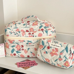 Floral quilted cosmetic bag set with large travel wash bag and small zipper pouch