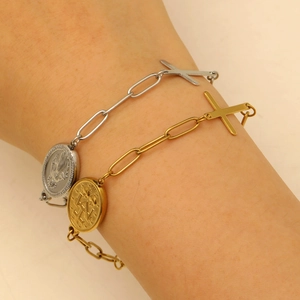 Vintage stainless steel paperclip chain bracelets set with coin and cross pendants