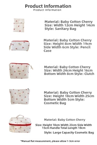 Size chart for cherry print cotton toiletry bags and makeup pouches in various dimensions